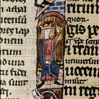 Ein König hilft beim Wiederaufbau des Tempels von Jerusalem. Detail einer Manuskriptseite der Bibel von Saint Ludovic von Unknown artist