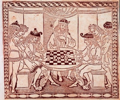 Ein König beobachtet ein Schachspiel. Xylographie aus dem Frontispiz von „De Ludo Scorcorum“ von Jacopo de Cessoles (14. Jahrhundert) Venedig, Biblioteca Marciana von Unknown artist