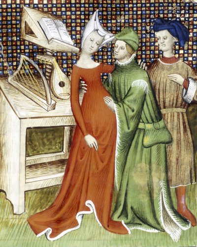 Ein Mann hält eine Frau (schwanger?) in seinen Armen und legt seine Hand auf ihren runden Bauch. Eine andere Figur beobachtet die Szene. Hinter ihnen liegt eine Partitur auf einem Schreibtisch mit einer Laute und einer Harfe. Miniatur aus dem 15. Jahrhunde von Unknown artist