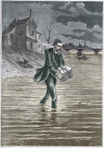 Ein Mann, der sich selbst tötet, indem er sich mit einem Stein um den Hals ins Wasser wirft - Gravur von Unknown artist
