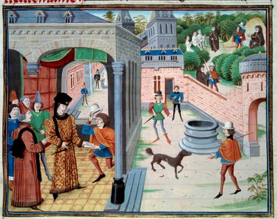 Ein Bote. Miniatur aus dem Manuskript „Renaud de Montauban“ oder „Les quatre fils Aymon“ von Loyset Liedet (aktiv zwischen 1448 und 1478). Ms. 5073. 15. Jahrhundert Bibliothèque de l