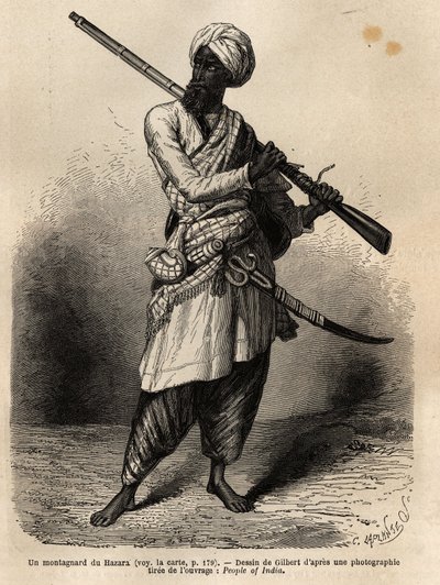 Ein Bergsteiger aus Hazara (Punjab, Indien). Gravur zur Illustration der Reise nach Pandjab und Kaschmir, Geschichte von Guillaume Lejean, 1866, veröffentlicht in "Le tour du monde, nouveau journal des voyages" von Unknown artist