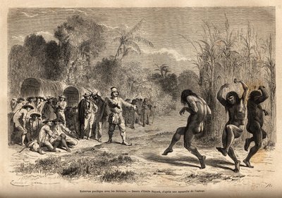 Ein friedliches Gespräch zwischen der Expedition des Autors und einigen Siriniris-Indianern (Stamm aus Peru, an der bolivianischen Grenze), die durch die Möglichkeit des Tauschhandels angelockt wurden. Gravur zur Illustration der Reise in die Täler von Qui von Unknown artist