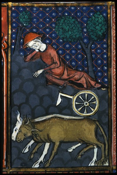Ein Bauer ruht sich aus, neben ihm Ochsen und ein Miniaturpflug aus dem 14. Jahrhundert von Unknown artist