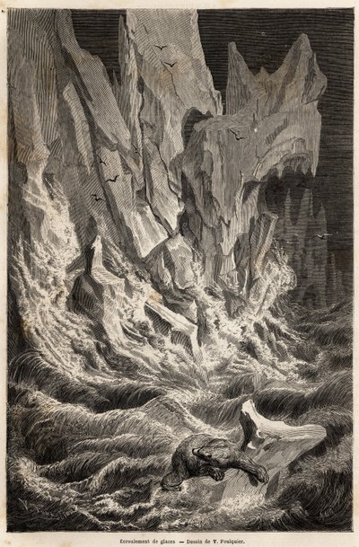 Ein Eisbär treibt auf einem Eisberg, nach dem Zusammenbruch eines Eisblocks von Spitzbergen, einem Archipel des Arktischen Ozeans, Zeichnung von V. Foulquier, zur Illustration von Spitzbergen in den Jahren 1838-1839, von Charles Martins. Gravur in „Le tour von Unknown artist