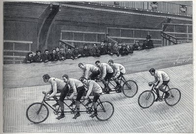 Ein Rekordfahrer mit seinen Trainern auf Dreifachzügen auf einer Radrennbahn. Gravur in "La Nature" von Unknown artist