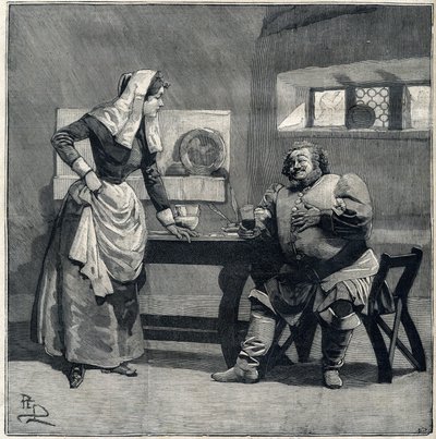 Eine Szene aus „Falstaff“ aus der gleichnamigen Oper von Giuseppe Verdi, die 1893 uraufgeführt wurde. Gravur in „Le Parisien“ von Unknown artist