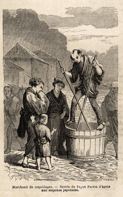Ein Muschelhändler balanciert auf einem Fass mit seinen Waren, die er mit zwei langen Stäbchen zieht. Gravur zur Illustration der Reise nach Japan, 1863-1864, von Aime Humbert, Minister der Schweizerischen Eidgenossenschaft, in "Le tour du monde, nouveau j von Unknown artist