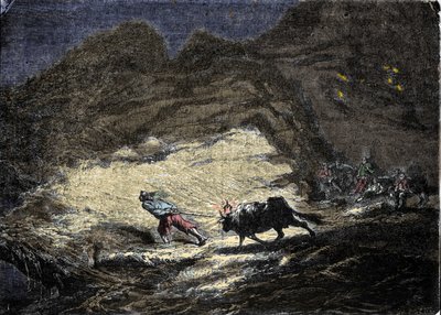 Ein Schiffbrüchiger (Pirat) benutzt ein Licht, das an einem Ochsenkopf hängt, um Schiffe zu täuschen, die sich dann der Küste nähern und sich in der Tür der Plünderer befinden. Gravur des 19. Jahrhunderts von Unknown artist