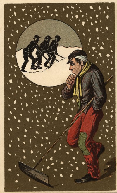 Ein Schneesammler mit seiner Schaufel. Anonyme Chromolithographie, späte 19. Jahrhundert. von Unknown artist