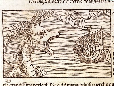 Ein Pottwal (?) (Physeter) greift ein Schiff an. Gravur von Olaus Magnus (1490 - 1557), schwedischer Geistlicher und Geograph, „Historia de Gentis Septentrionalibus“, Venedig von Unknown artist