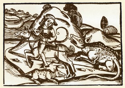 Ein Reisender trifft auf zwei monströse Tiger mit dem Aussehen von Basilisken. Die Fabeln von Äsop von Unknown artist
