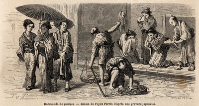Ein reisender Oktopus-Händler bietet seine Produkte den Passanten auf der Edo-Straße (heute Tokio) an. Illustration der Reise nach Japan, 1863-1864, von Aime Humbert, Minister der Schweizerischen Eidgenossenschaft, in "Le tour du monde, nouveau journal" von Unknown artist