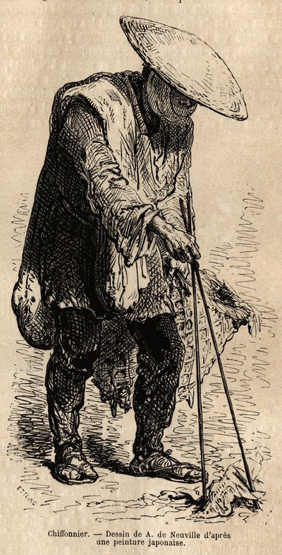 Ein wandernder Lumpensammler, der mit langen Stäbchen die Lumpen greift, die er in seinem Korb aufbewahrt, bevor er sie an einen Großhändler verkauft. Gravur zur Illustration der Reise nach Japan, von Aime Humbert, Minister der Schweizerischen Eidgenossens von Unknown artist