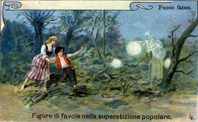 Ein Irrlicht, ein diffuses Licht, das nachts in der Nähe von Sümpfen und Friedhöfen zu sehen ist, soll ein cleverer Geist aus der Volkstradition sein. Chromolithographie des 19. Jahrhunderts. von Unknown artist