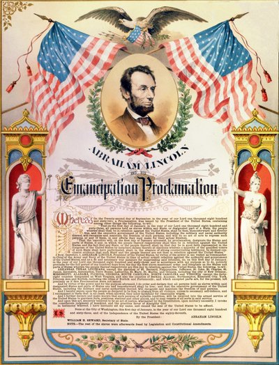 Abraham Lincoln und seine Proklamation der Emanzipation der Sklaven (Flaggen und Adler). 22.09.1862 von Unknown artist