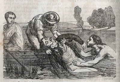 Unfallmedizin - über die wirksamste Hilfe für Ertrinkende - um einen Ertrinkenden aus dem Wasser zu holen, muss man es so bequem wie möglich tun - Gravur in „La Sante Universelle - Guide Medical des Familles“ 1852 von Unknown artist