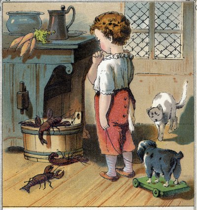 Adolphe, neugierig, nutzt die Gelegenheit, allein in der Küche zu sein, um sich dem Eimer mit Flusskrebsen zu nähern. Einer von ihnen packt seinen Finger mit seinen Zangen und verletzt ihn. Chromolithographie aus „Szenen aus der Kindheit“, ed. Guerin - Mul von Unknown artist
