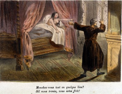 Ehebruch: Ein überraschter Mönch versucht sich zu verstecken und eine nackte Frau im Bett. Lithographie, frühes 19. Jahrhundert von Unknown artist