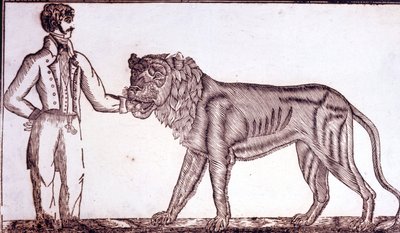 Werbung für den Zirkus im Jahr 1800, die einen Dompteur zeigt, der seine Hand in den Mund eines Löwen steckt. von Unknown artist