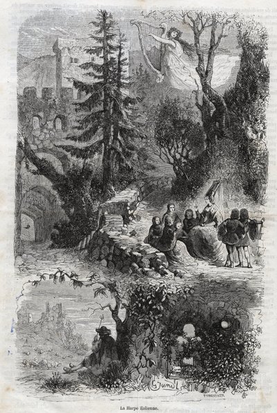 Äolische Harfe - Windharfe - Arpa eolia - Windharfe - Musikinstrument, das vom Wind gespielt wird - Gravur von 1860 von Unknown artist