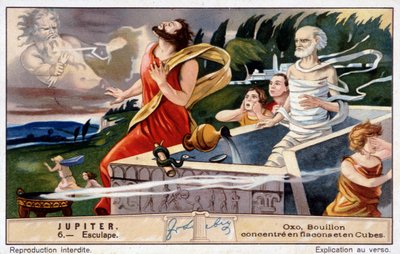 Aesculapus stirbt, von Jupiter getroffen, weil er die Toten auferweckt hat - Oxo Chromolithografie, produziert von Liebig von Unknown artist