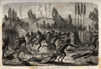 Nach der Zeremonie der Selbsthingabe an den Großen Geist, tanzen die jungen Krieger einen frenetischen und ausufernden Tanz, die Schwächsten werden auf dem Boden geschleift, unter den Mandan-Indianern (oder noumah ka kie: Fasanen), am linken Ufer des Misso von Unknown artist