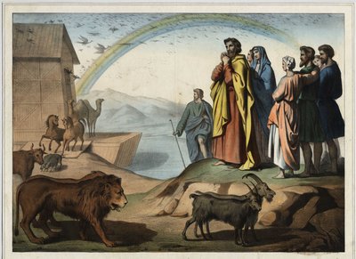 Nach der Sintflut steigen die Tiere aus der Arche. Rechts: Noah, seine Frau, seine drei Söhne (Sem, Ham und Japhet) und ihre Frauen. Unten der Regenbogen (Symbol des zwischen Noah und Gott geschlossenen Schöpfungsbundes). Anonyme Gravur aus dem 19. Jahrhun von Unknown artist