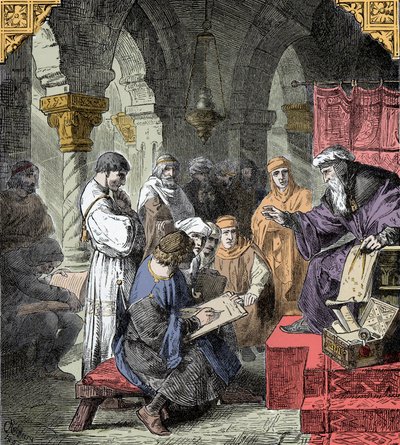 Alchemie und Astrologie in den Schulen gelehrt - Wissenschaftsbildung im Mittelalter: Ein Lehrer hält einen Vortrag über Astronomie und Alchemie für junge Leute von Unknown artist