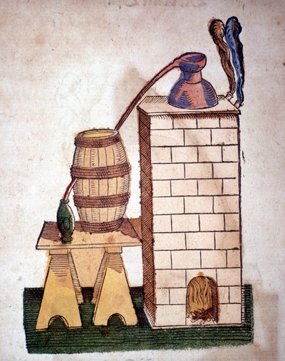 Alchemie: Apparatur zur Destillation. Gravur aus einem Buch von Pietro Andrea Mattioli (Matthiole) (1500-1577). Frankfurt von Unknown artist