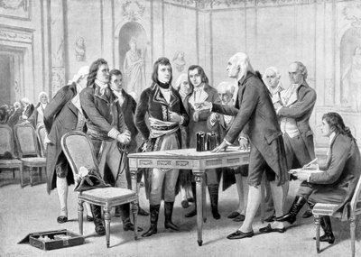 Alessandro (Alexandre) Volta erklärt Napoleon Bonaparte das Prinzip seiner elektrischen Batterie - in „The Universe and Humanity“ von Kraemer von Unknown artist