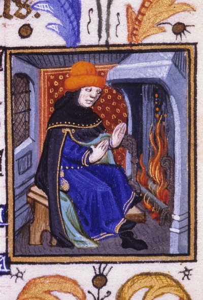 Allegorische Darstellung des Februars. Ein Mann wärmt sich vor seinem Kamin. Miniatur eines Manuskripts aus dem 14. Jahrhundert von Unknown artist