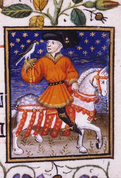 Allegorische Darstellung des Monats Mai. Ein junger Herr mit Strumpfbändern, der einen Falken hält. Miniatur eines Manuskripts aus dem 14. Jahrhundert. von Unknown artist