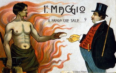 Allegorie der Klassenkämpfe: 1. Mai: Schlamm steigt auf, ein Arbeiter bietet einem Bourgeois Brot an. 1898 von Unknown artist
