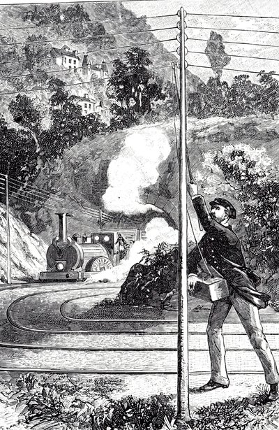 Eine Gravur, die einen Zugarbeiter zeigt, der ein Notsignal auf einem Eisenbahntelegraphen sendet von Unknown artist