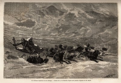 Ein Eskimoschlitten und sein Hundeteam, die schnellste und zuverlässigste Art, in der Arktis zu reisen. Gravur zur Illustration der Reise zum freien Meer des Arktischen Pols, von Dr. Hayes, Chirurg der United States Navy, 1860-1862, veröffentlicht in „Le t von Unknown artist