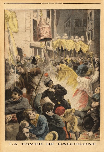 Anarchistischer Anschlag in Barcelona, Bombenexplosion in der Prozession, die die Kirche Santa Maria verlässt, Straße Nuevos Cambios. Gravur in „Le petit journal“ 21/06/1896. Sammlung Selva. von Unknown artist