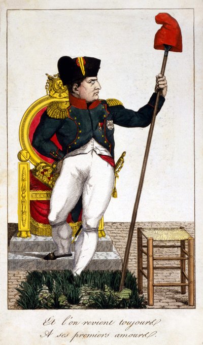 Und wir kehren immer zu seiner ersten Liebe zurück, eine Karikatur über Napoleon I., der 1815 die Macht übernimmt (Episode der Hundert Tage). von Unknown artist