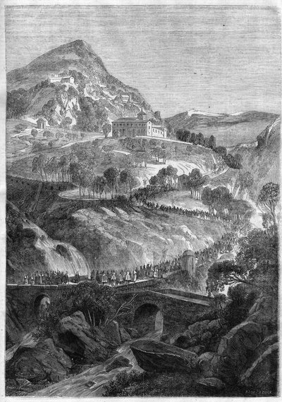 Jährliche Wallfahrt am 21. März zum Kloster St. Benedikt auf dem Monte Cavo (Colli Albani) bei Rom - Kupferstich von 1868 von Unknown artist