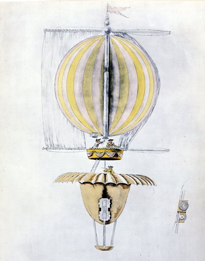 Anonyme Zeichnung eines Segelluftschiffballons mit Kegel-Fallschirm von Unknown artist