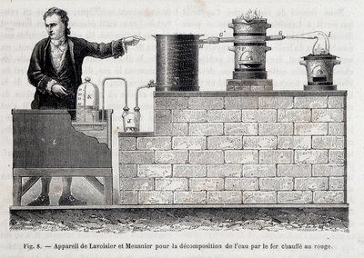 Apparat von Antoine Laurent de Lavoisier und Meusnier zur Zersetzung von Wasser durch rotglühendes Eisen - in „Les wonders de l