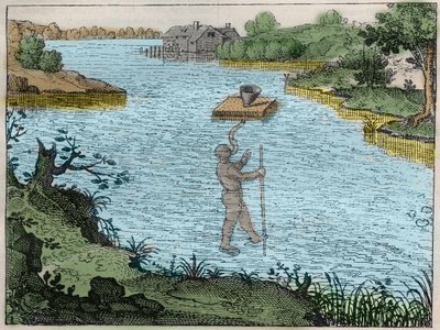 Gerät, das es einem Taucher ermöglicht, unter Wasser zu atmen - Eine Methode, die von den Älteren verwendet wurde, um Flüsse zu überqueren, Gravur in „Utriusque cosmi maioris scilicet et minoris metaphysica, physica atque technica Historia“ von Unknown artist