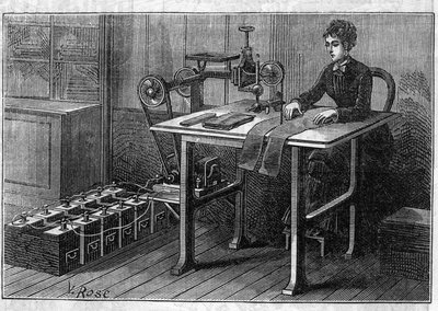 Anwendung von Faure-Batterien: Schneidemaschine für Stoffe, betrieben durch den Akkumulator. In „Le Monde Illustré“ von Unknown artist