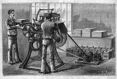 Anwendung von Faure-Batterien: Drucker, betrieben durch den Akkumulator. Gravur in „Le Monde Illustré“. von Unknown artist