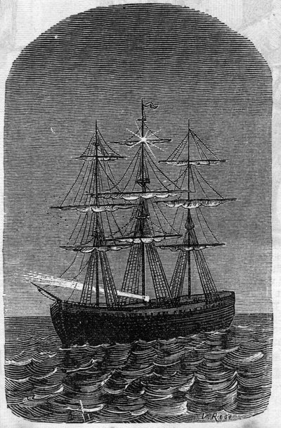 Anwendung von Faure-Batterien: Schiff auf offener See, beleuchtet durch Elektrizität. Gravur in "Le Monde Illustré" von Unknown artist