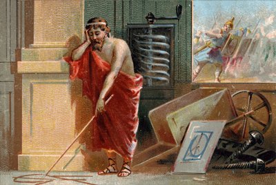 Archimedes von Syrakus (287-212 v. Chr.) zeichnet geometrische Formen auf den Boden, bald von römischen Soldaten gestoppt. In seiner Werkstatt erkennt man seine verschiedenen Erfindungen: die Schraube und die Schubkarre. Chromolithographie des 19. Jahrhund von Unknown artist