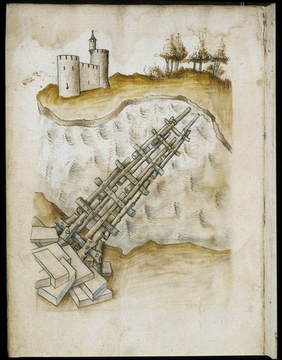 Anordnung einer Holzbrücke - Manuskript: Pergamentblatt aus einem Ingenieurshandbuch für den Bau ziviler, religiöser und militärischer Gebäude, anonym, Ende des 15. Jahrhunderts (Figur in chinesischer Tinte) von Unknown artist