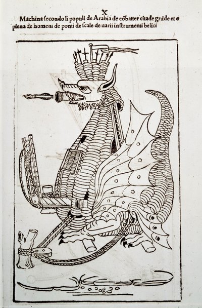 Kunst des Krieges: Studie über militärische Maschinen. „Arabica machina“, arabische Maschine zur Belagerung einer Stadt, Illustration aus 