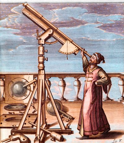 Astronom beobachtet den Himmel mit einem Teleskop - aus: Johannes Hevelius (1611-1687), Selenographia, sive Lunae descriptio (Selenographie, oder Eine Beschreibung des Mondes) von Unknown artist