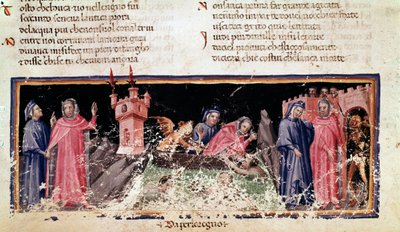 Links stehen Dante und Virgil am Ufer des Flusses Styx, dem düsteren Ufer des Acheron. In der Mitte fährt Charon Dante und Virgil, die sehr beunruhigt aussehen (Gesang 3 aus der Hölle, in der Göttlichen Komödie) - Miniatur von Unknown artist